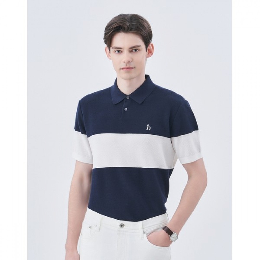 [ヘッジズ] 24SS ネイビーコットンブレンドカラーブロックカラーニット HZSW4B552N2