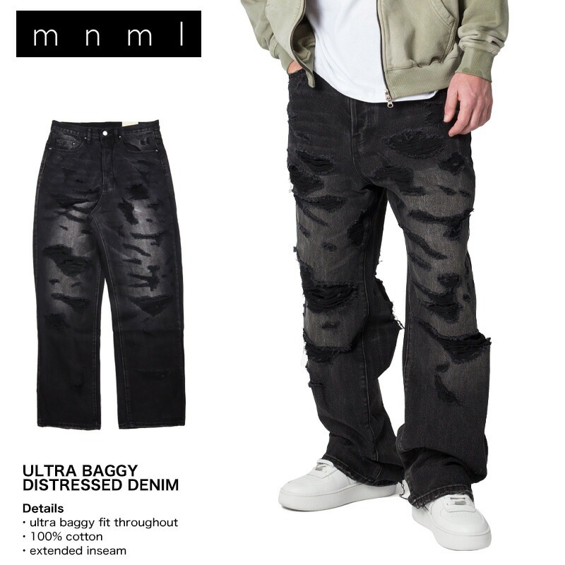 ミニマル デニムパンツ mnml バギー ワイド 太め ゆったり Gパン ジーンズ メンズ ブランド 大きいサイズ おしゃれ 人気 黒