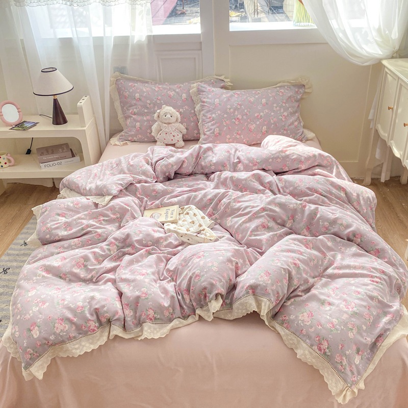 韓国A級綿二重糸4点セット純綿レース3点ベッドセット