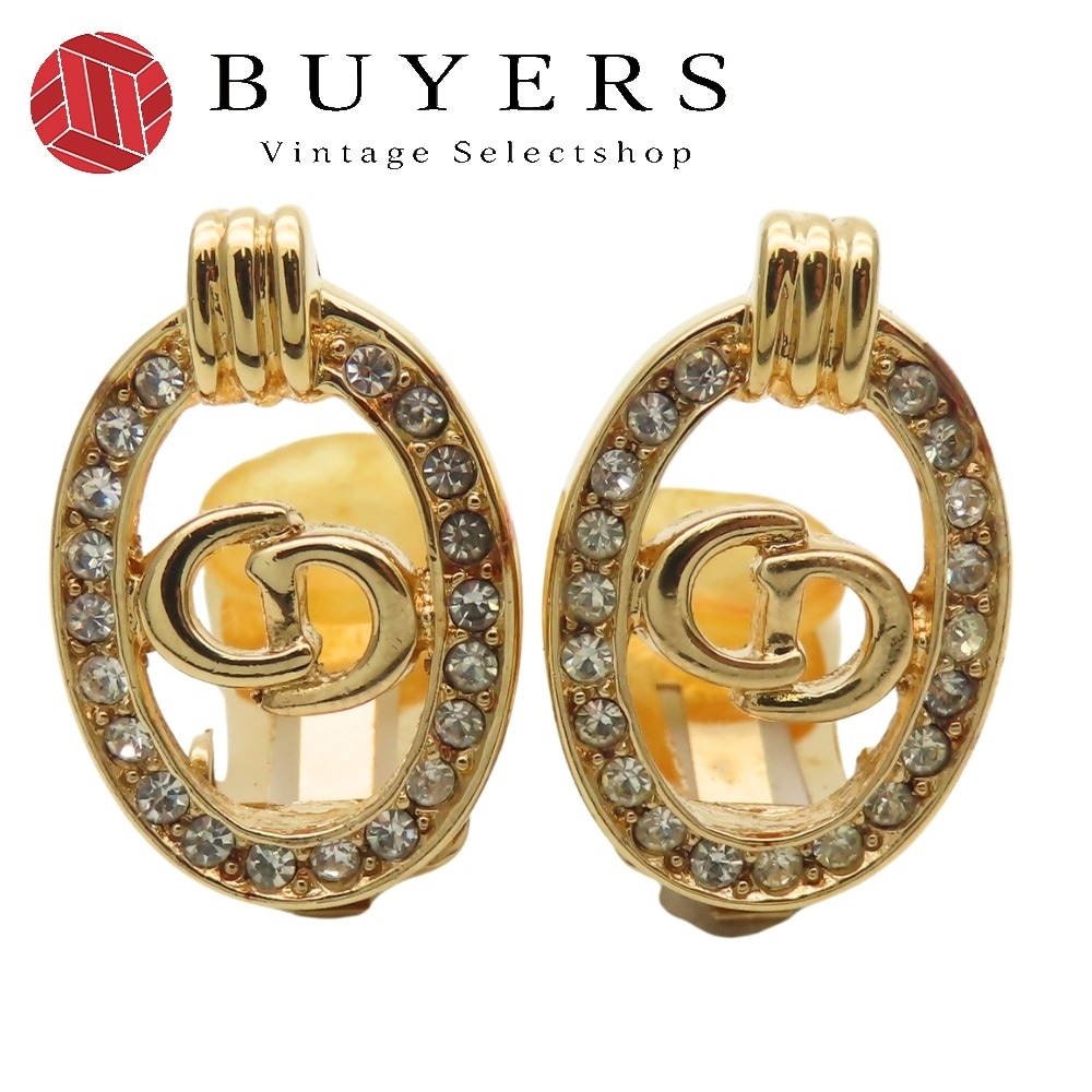 中古 イヤリング CDロゴ メタル ラインストーン ゴールド GP メッキ アクセサリー レディース 女性
