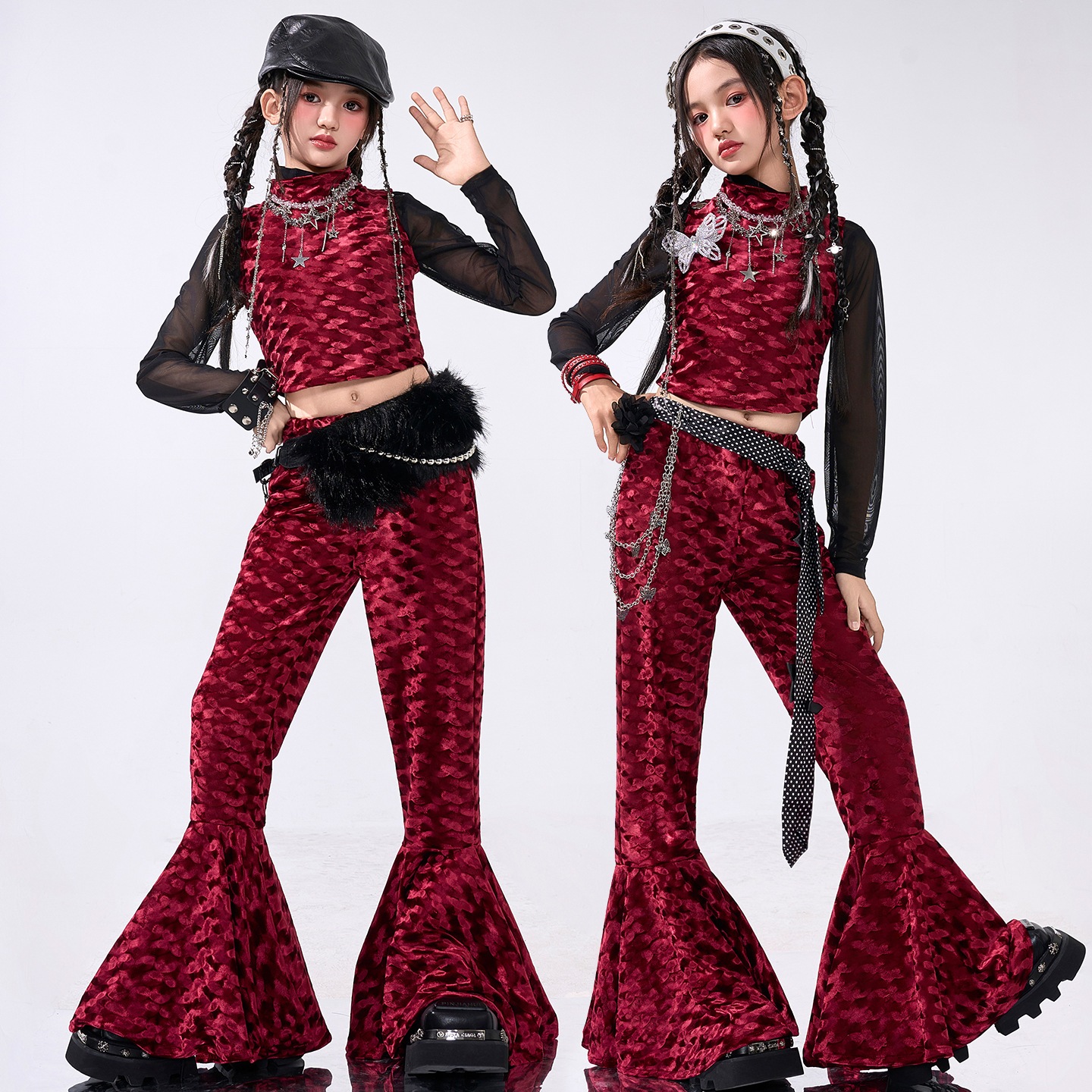 クールガール クロップトップス ジャズダンス女児衣装子供用ジャズストリートダンスパフォーマンス衣装トレンディでファッショナブルなショーケース用ガールズグループ衣装甘辛スタイルの秋のパフォーマンス
