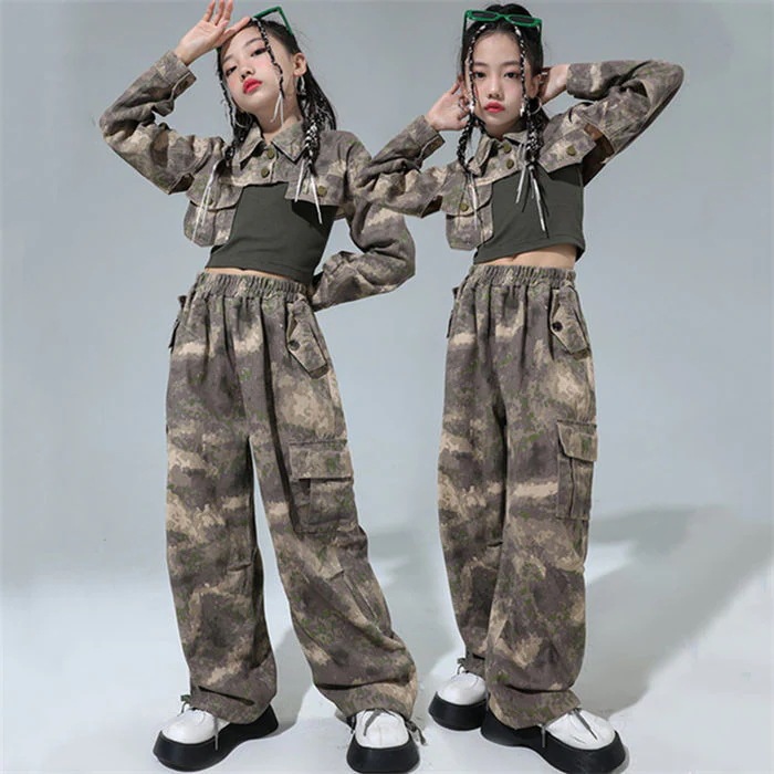 ダンス衣装 3点セット ヒップホップ 女の子 ステージ衣装 キッズ ダンス衣装 セットアップ ジャズダン ダンス HIPHOP jazz ファッション カッコイイ アーミーグリーン 中国風 演出服 舞