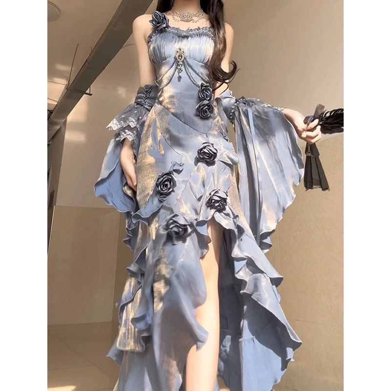 ハロウィンコスム ブルーローズドレス ロリータ テールスカート ロリータ エレガント 女神 ロイヤルシスター