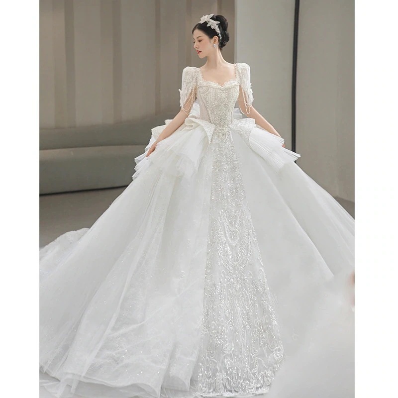 ライトウェディングドレス2025新作花嫁ガールスモールメインヤーン重工業豪華質感宮殿風冬