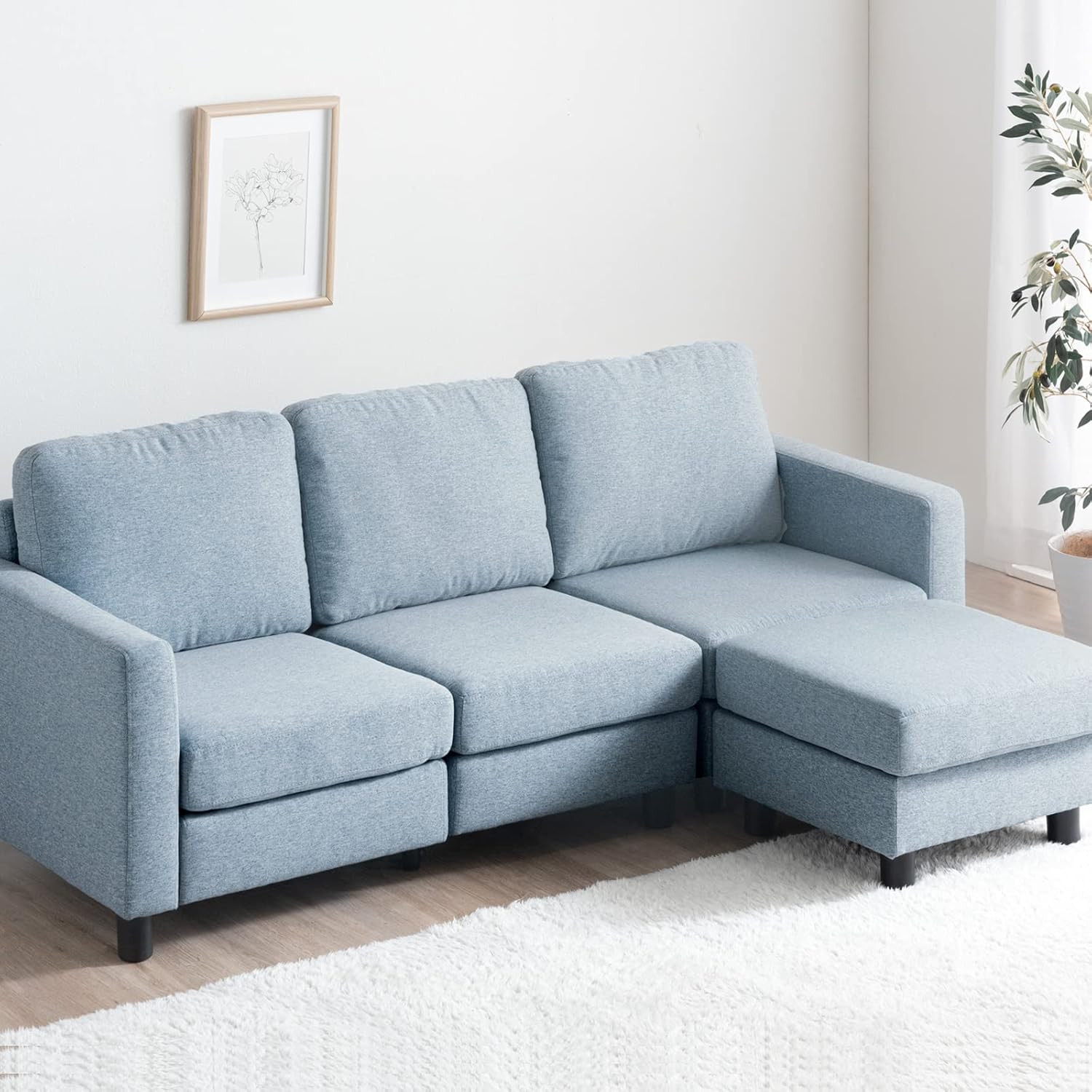 3-Seater Sofa, L-Shaped Couch, Washable Covers, Pocket Coil, Compact, Blue