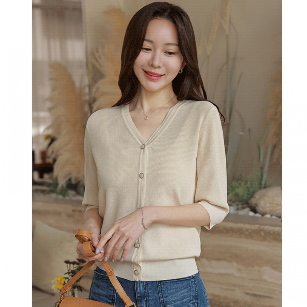 Click & Funny レネムリブ付き Vネックカーディガン