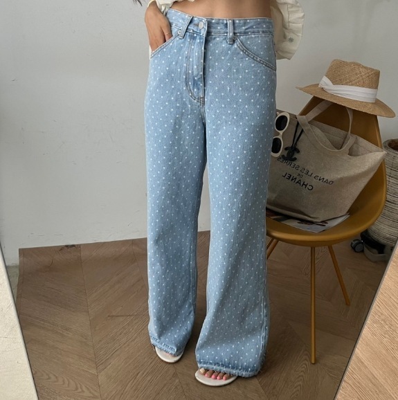 デニムパンツ ドット 水玉 デニム 個性的 オルチャン ワイドパンツ ハイウエスト 大人カジュアル ストレートパンツ 春 夏 秋 冬 カジュアル 体型カバー 水玉パンツ 通学 学生 20代