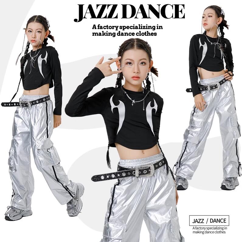 女の子ヒップホップジャズダンス衣装チアガール臍出し長袖ｔシャツシルバーサルエルパンツ女の子hiphopjazzダンス衣装