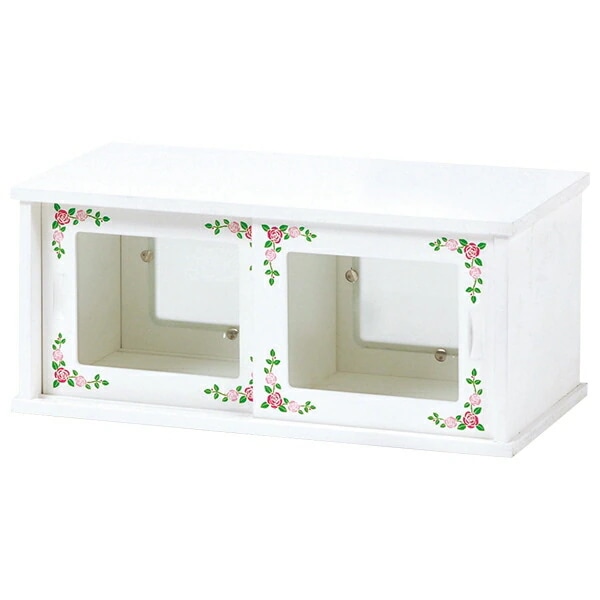 カウンター上収納（ホワイト）　MUD-7128WH清潔感あふれるホワイト地にローズ柄をペインティング!スライドドアは片方がすりガラス反対側がクリアタイプのガラスになっています