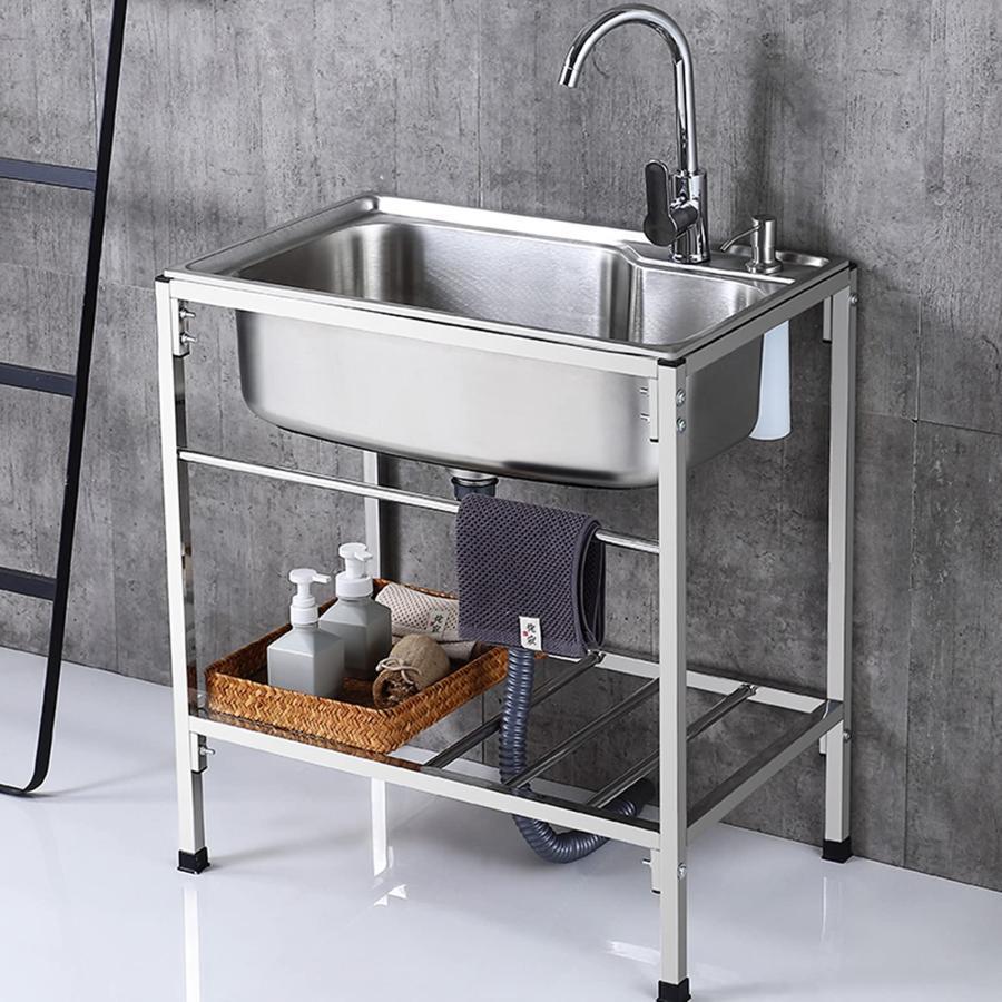 屋外屋内ガレージ用大容量自立型シンク304ステンレス製簡易流し台 シングルシンク YYBD 幅70×奥行46×高さ75cm 8,754円