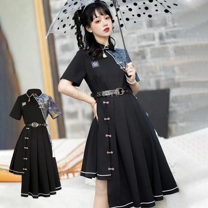 2025新作入荷 レディースワンピース チャイナ 半袖 漢服 コスプレ衣装 ハロウイン 仮装 コスチューム チャイナボタン プリーツスカート タッセル 普段着 漢元素 ゴシック チャイナドレス 改良漢