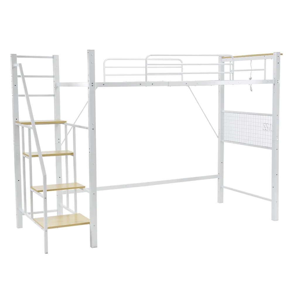 51【ホワイト】2025年新作 システムベット ロフトベッド シングル コンセント付き 収納付き 耐荷重150kg 高さ173cm 北欧風 スチールネット S型フック付きスチール 耐震 ベッド パイプ