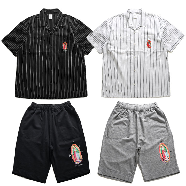 ACEFLAG セットアップ 半袖 上下セット 半袖シャツ ストライプ 開襟シャツ 開襟 オープンカラー ハーフパンツ メンズ 春夏用 黒/白 大きいサイズ エースフラッグ