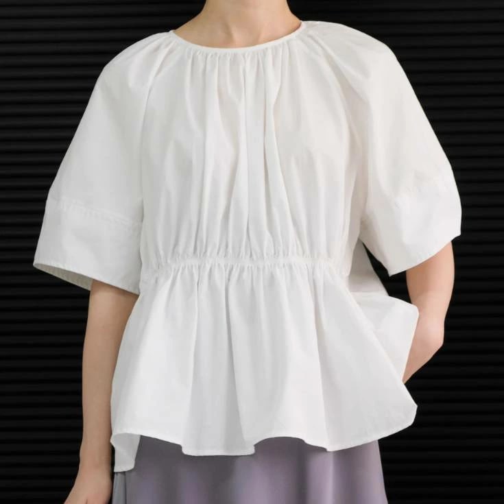 新作 レディース トップス ブラウス プルオーバー 半袖 ラウンドネック 襟なし ワイド リボン ウエストマーク 薄手 かわいい 大人可愛い きれいめ シンプル カジュアル 上品 おしゃれ かっこいい