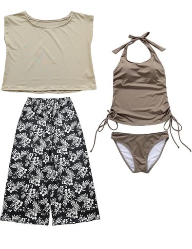 [AILITI] 水着 レディース 4点セット セパレート Tシャツ ワイドパンツ タンクトップ ショーツ ビキニ 体型カバー パッド付き UPF50+ プール 速乾 (M, ブラックフラワー)