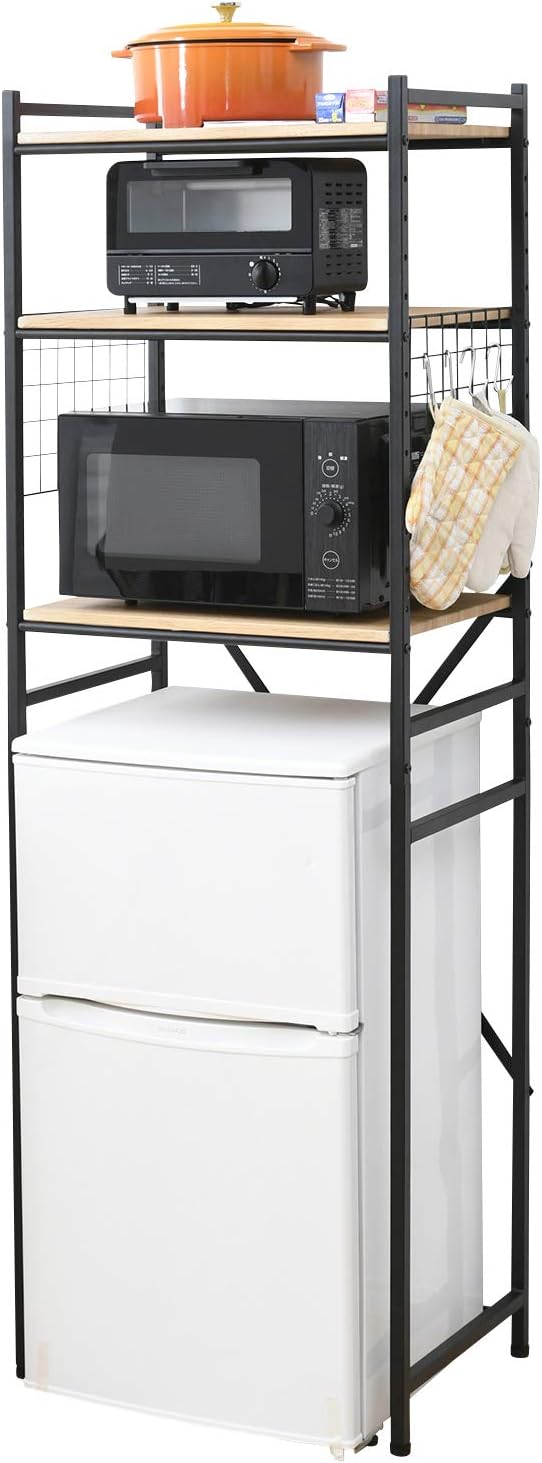 山善(YAMAZEN) レンジラック (冷蔵庫ラック) 小型冷蔵庫対応(幅59.5×奥行41.5×高さ180cm) 棚板高さ調節可 フック4コ付き レンジ台 ラック 組立品 ブラック RUR-18