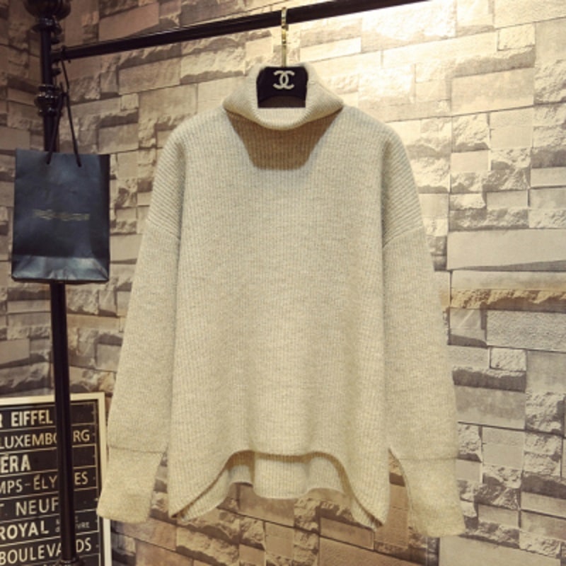 トップス セーター ミディアム丈 袖あり 長袖 タートルネック ストレート 大人女子 こなれ感 ラフ ラブリー キュート 無地 秋 冬 10代 個性的 アプリコット ホワイト グレー ピンク