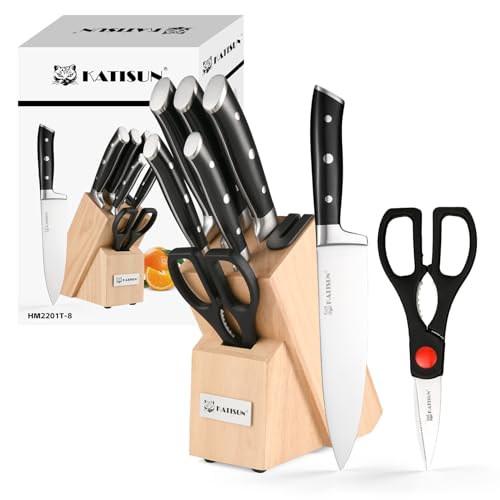 KATISUN 7点包丁セット 420J2日本鋼 シェフナイフ ぱんきり 実用包丁 ペティナイフ 包研ぎ棒 切れ味良い 錆びにくい 包丁立て付き 野菜・肉・果物切り 調理/家庭/業務用 食器洗い機対応