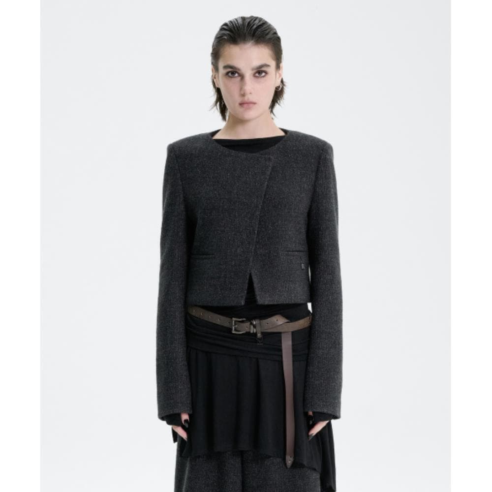 TREEMINGBIRD Crop Tweed Setup Jacket Charcoal TM2579JK