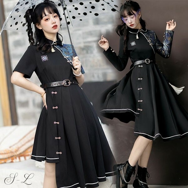 チャイナワンピース 中華風 和柄 ベルト付き 半袖 長袖 切り替え ハイウエスト エスニック レディース ワンピース 個性的 原宿系 青文字系 カジュアル ファッション S M L 7,480円