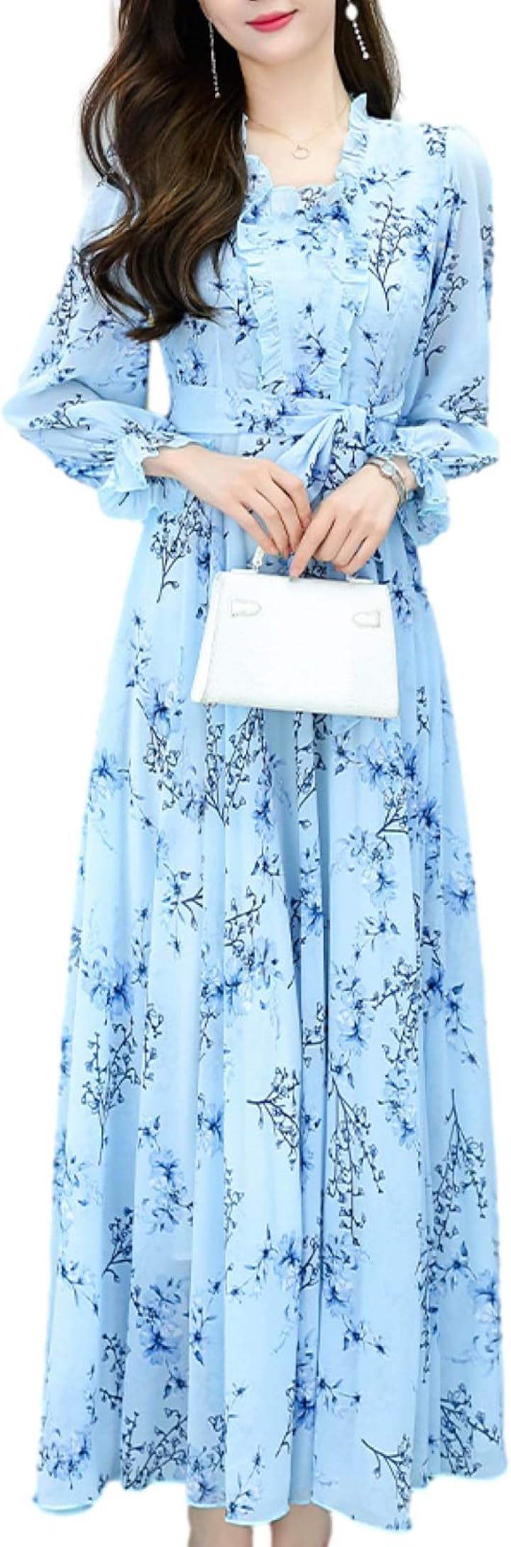 ワンピース レディース 春 秋 ロング きれいめ Aライン 花柄 フリル スクエアネック BN229 BLU( ブルー, L)