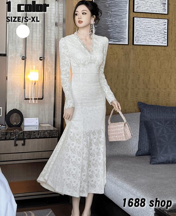 新品 2025 タイトワンピース 姫系ワンピース　シンプル　ワンピース インポート ひざ丈 ミドル丈 エレガント　韓国ファッション シンプル Vネック パーティドレス 長袖　お嬢様 セクシー ミニワン