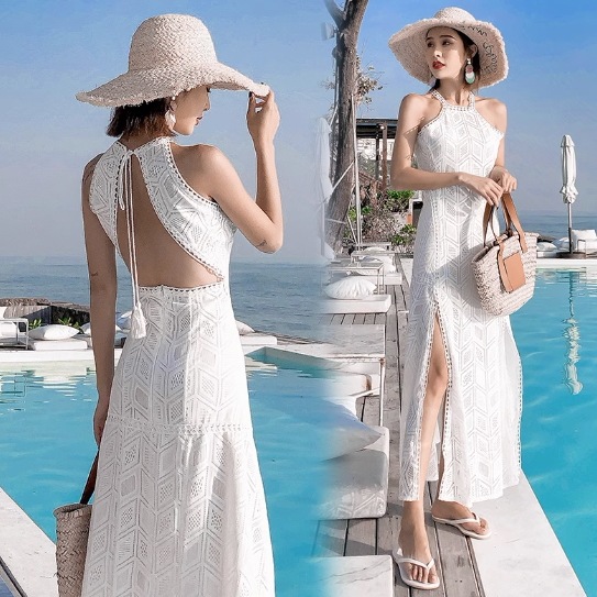 ワンピース ワンピドレス ロング ロング丈 袖なし ノースリーブ 襟なし ホルターネック セミフレア Aライン スリット サイドスリット ハイウエスト かわいい 大人可愛い シンプル 大人 おしゃれ