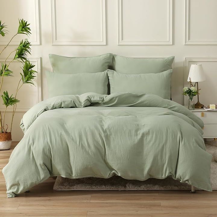 赤ちゃん向けグレードのコットン二重ガーゼ 布団カバー 3点セット ダブル 枕カバー2枚 + 掛け布団カバー1枚 薄緑色・ダブル(薄緑色, 「3点セット」ダブル)