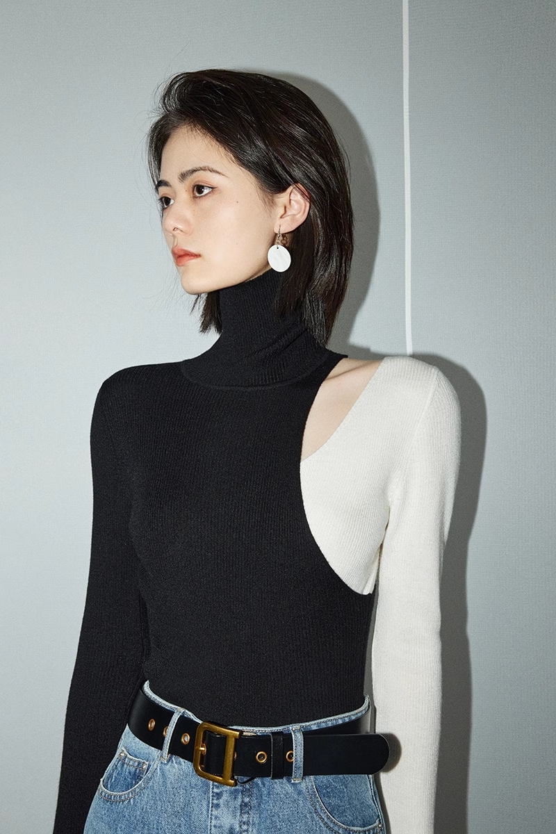 デザイン Vフェイス ニット セーター 通勤 セーター 個性的 トップス ニットソー 袖あり 長袖 ハイネック 襟なし 大人可愛い きれいめ シンプル カジュアル 大人 上品 おしゃれ お洒落 無地