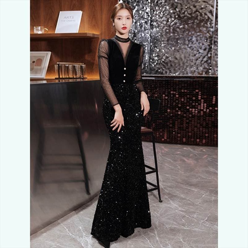 ロング ドレス パーティードレス 個性的 黒 袖あり マーメイド ドッキング ドット柄 スパンコール キラキラ セクシー 結婚式 二次会 お呼ばれ フォーマル 演奏会 ピアノ 発表会 ドレス ワンピー