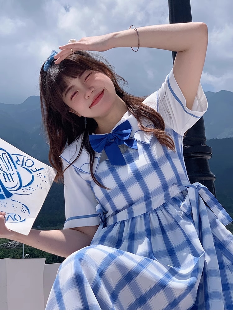青 白 チェック柄 大きいサイズ ドレス ラブ カラー リボン 可愛い 個性的 ワンピース 膝下 袖あり 半袖 襟付き かわいい 大人可愛い カジュアル 大人 おしゃれ お洒落 チェック柄 春 夏 7,739円