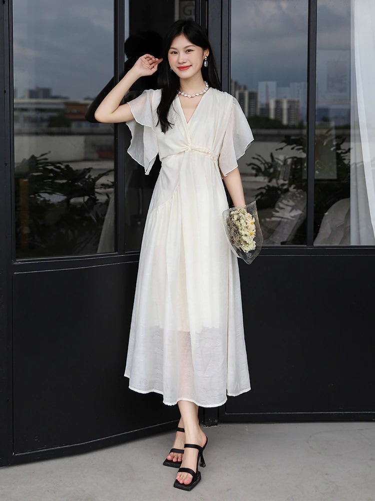 【妃】 初恋ワンピース フリル 無地 vネック レディース ロングワンピース30%までに制限