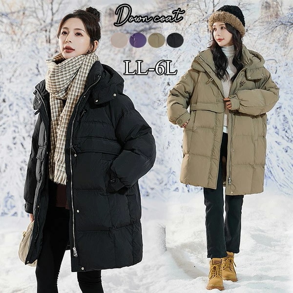 ダウンコート レディース ダウンジャケット 90％ダウン Aライン 帽子付き フード 母親 着やせ 大きいサイズ 黒 ブラック 厚手 冬服 防寒着 おしゃれ S M L LL 3L 4L きれいめ 2