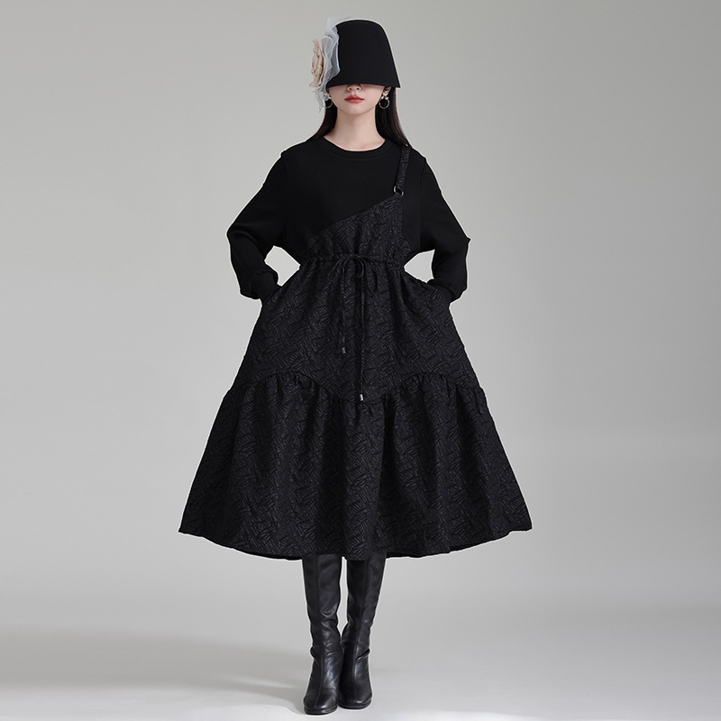 2023秋冬 ハイウエスト ドッキング ワンピース ニットワンピース 大きいサイズ 体型カバー 長袖 ロングワンピース