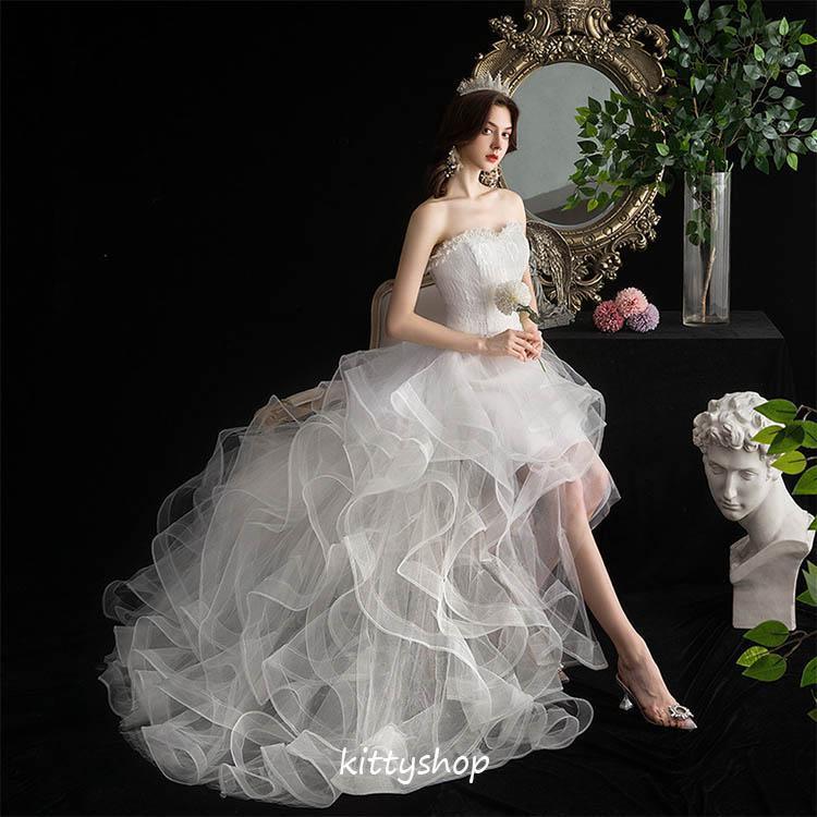 [新品入荷]ブライダルドレス ウェディングドレス ビスチェドレス 白 ノースリーブ 海外挙式 二次会ドレス前短後長 トレーンドレス キラキラ 素敵