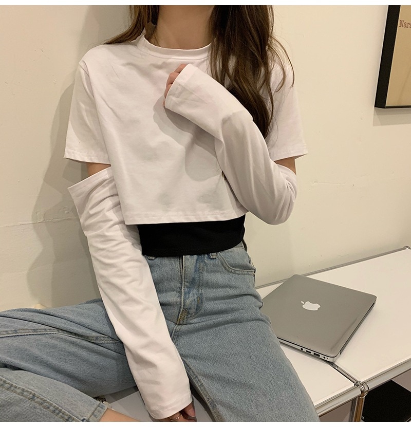 トップス ショート丈シャツ カットソー ラウンドネック 秋 ショート丈 通勤 無地 長袖 スリムフィット S M L XL 薄地 薄手 ホワイト 白 ブラック 黒 チラ見え 白トップス ショート