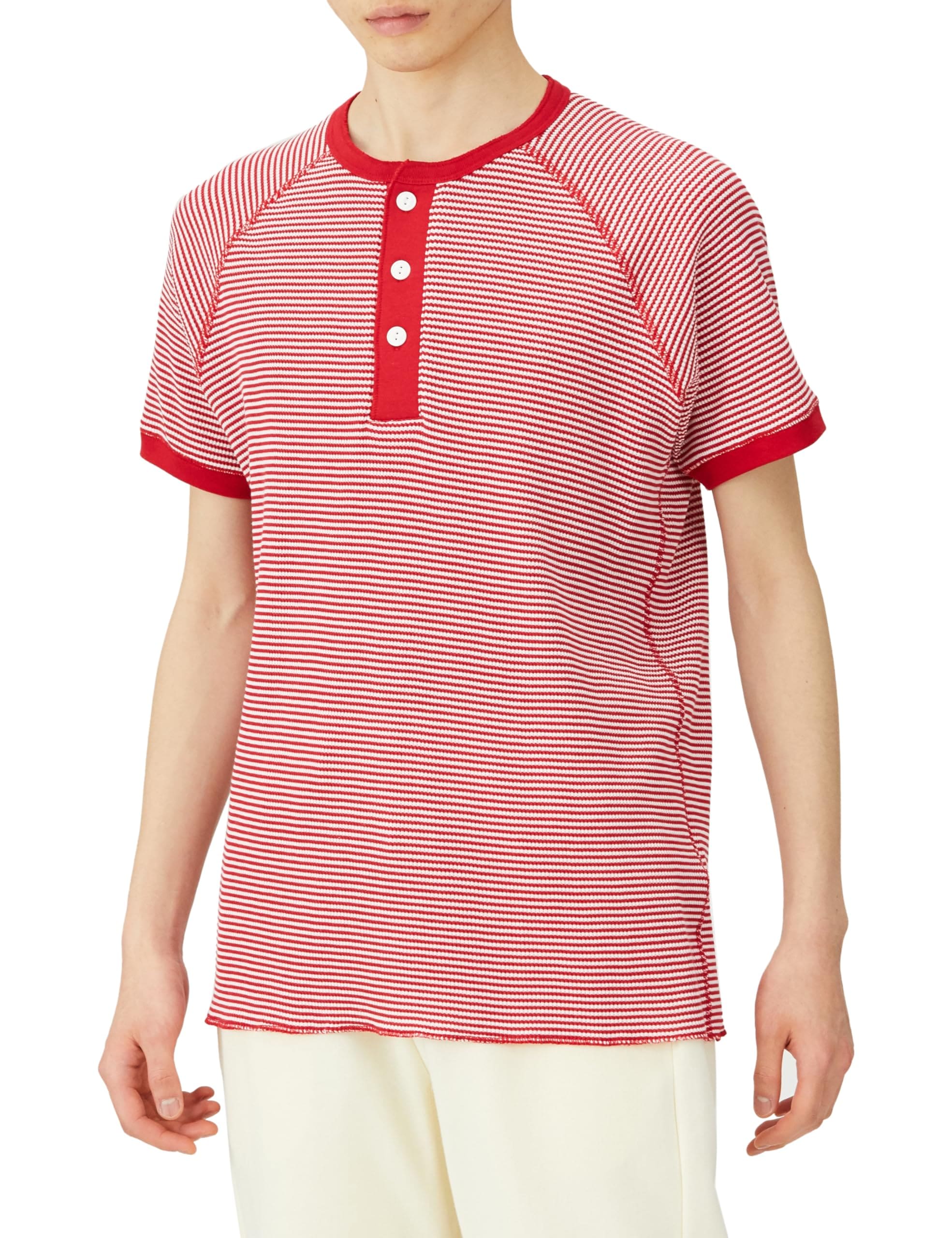 [フルーツオブザルーム] カジュアル ワッフル生地 サーマル パックＴシャツ ボーダーＴシャツ ヘンリーネック レッド