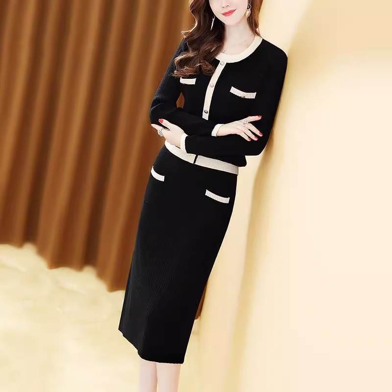 ニット カーディガン セーター タイトスカート セットアップ トップス スカート ニットソー ペンシルスカート 膝丈 ひざ丈 袖あり 長袖 Vネック Uネック 襟なし タイト ポケット リブ 前開き