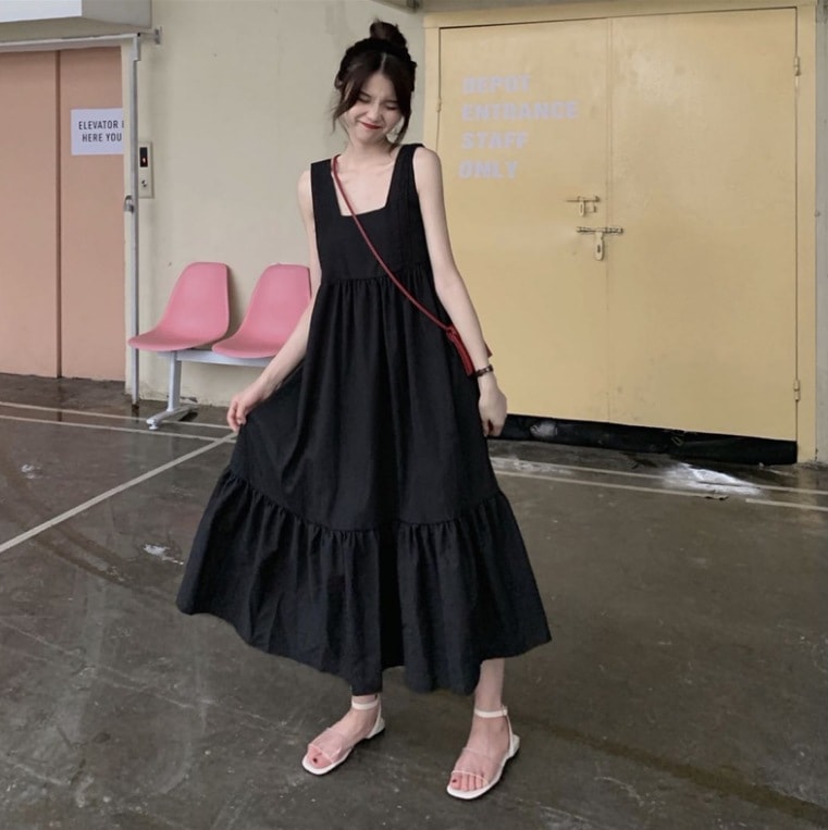 ワンピース ロング丈 ノースリーブ スクエアネック ワイド Aライン かわいい 大人可愛い きれいめ シンプル カジュアル 大人 上品 おしゃれ お洒落 レトロ アジアン 大人女子 こなれ感 ラフ