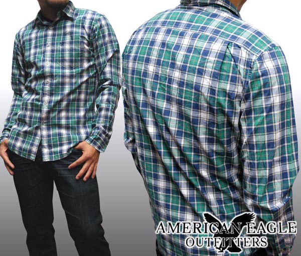 アメリカンイーグルセール アメリカンイーグル メンズ 長袖 ボタンシャツ チェックシャツ グリーン ネイビー American Eagle トップス シャツ インポート ファッション ブランド ストリート サーフ