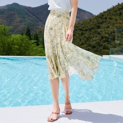 スカート レディース フレア マーメイド 透け感 花柄　エレガント きれいめ 上品 かわいい デート 休日 旅行 リゾート 春夏 イエロー XL オルチャン モテ コーデ 着回し 普段使い プチプラ