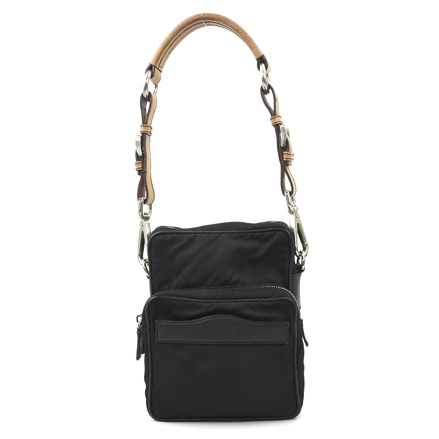 プラダ PRADA ショルダーバッグ ナイロン/レザー ブラック/ブラウン シルバー レディース w0979a