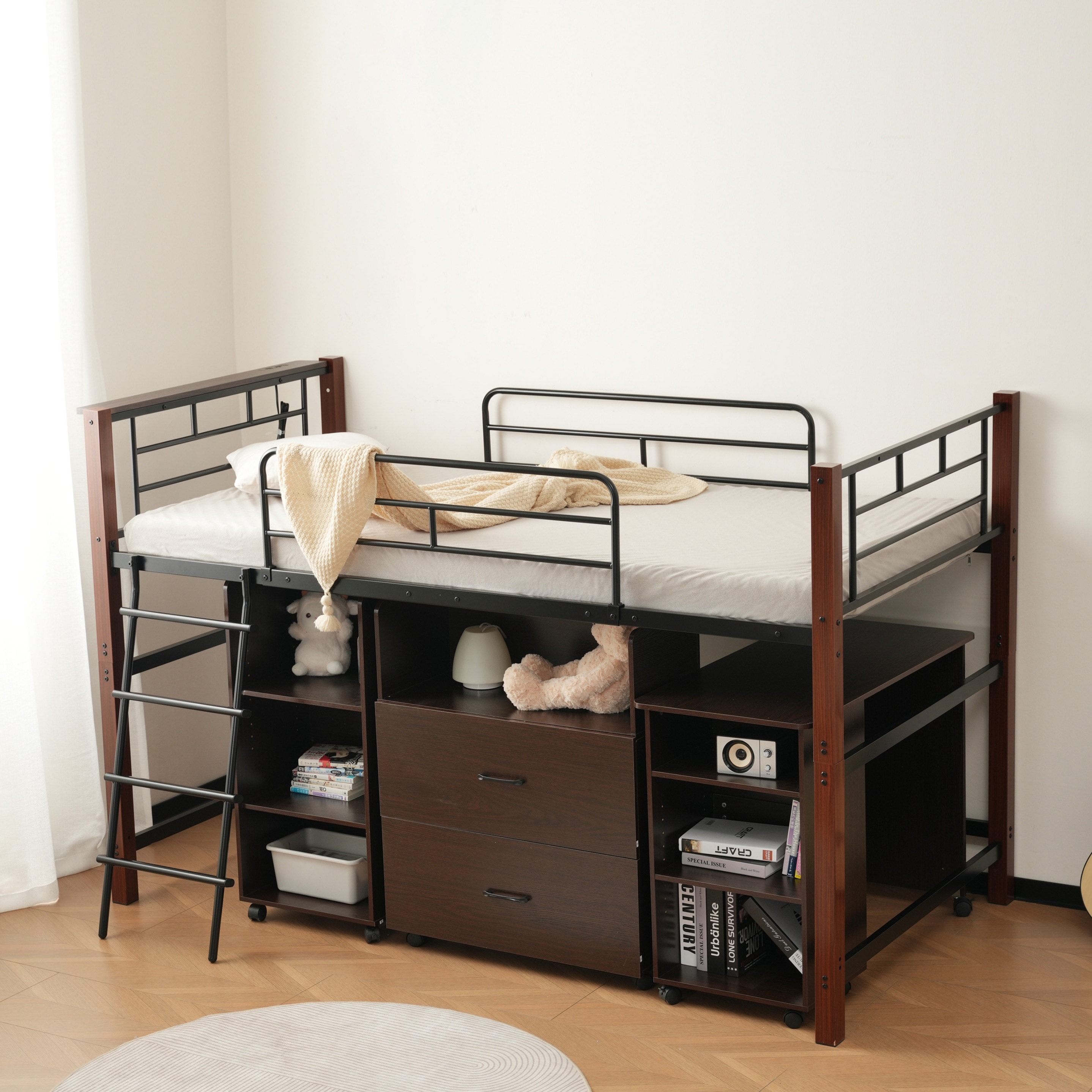 400【高さ130cm】システムベッド 4点セット ロフトベッド+デスク＋収納ラック＋シェルフ ロフトベッド 宮 コンセント 省スペース スチール 耐震 ベッド パイプ 金属 社員寮 学生寮 大人41