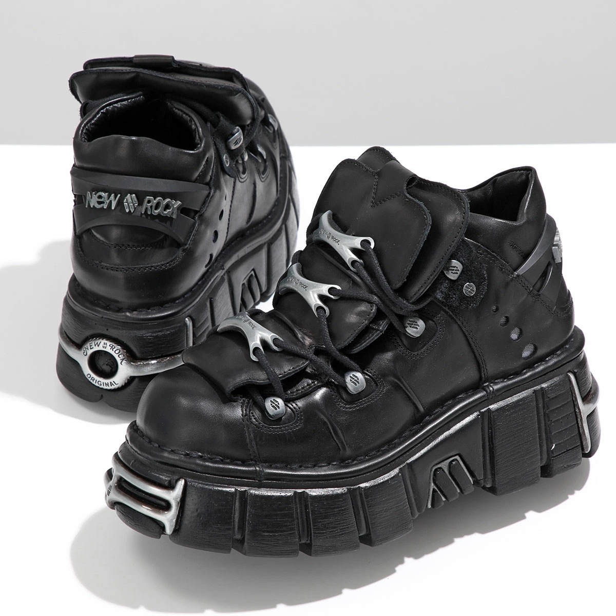 NEW ROCK ニューロック スニーカー M-106-S1 メンズ ローカット 厚底 ロゴ レザー シューズ 靴 ブラック