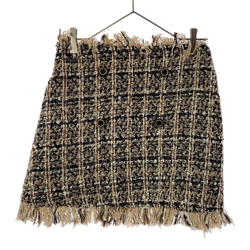 未使用 エピヌ チェック ツイード ミニスカート M ベージュ×ブラック epine フリンジ タグ付き レディース