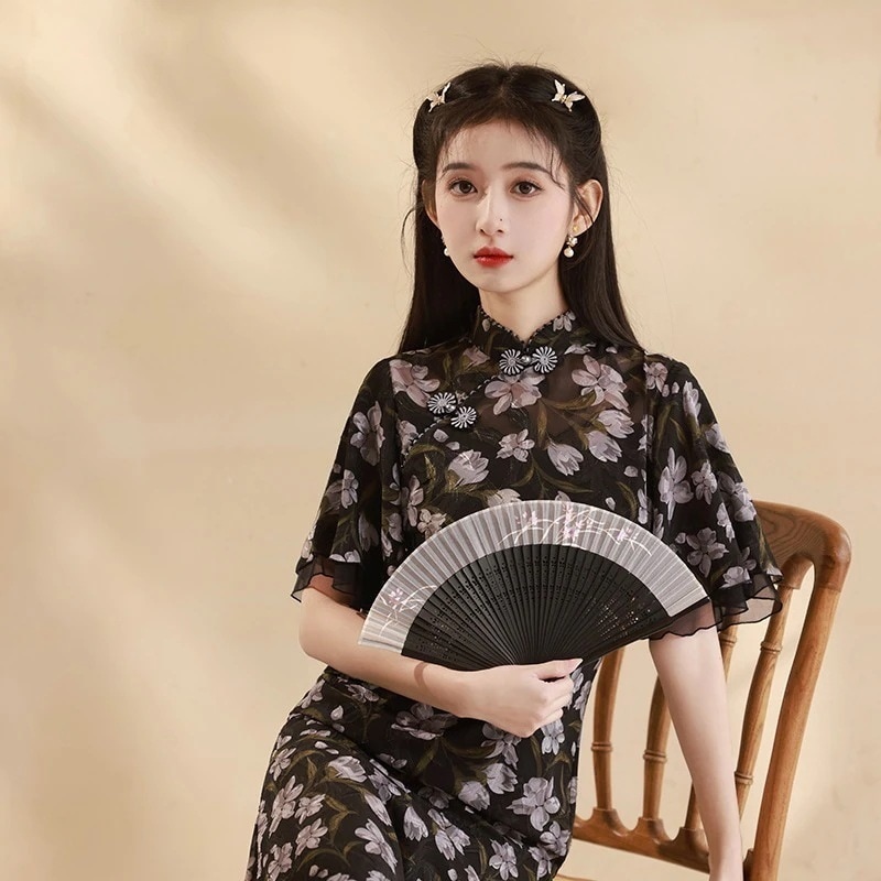 2024春夏改良チャイナドレス若いスタイルのレトロなミドル丈の新しい風ブラックデイリードレス