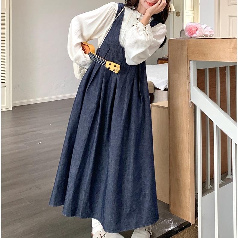 2点セット デニムスカート ロング丈 ジャンパースカート ブラウス 長袖 ハイネック プルオーバー かわいい 大人可愛い きれいめ シンプル 上品 おしゃれ かっこいい カジュアル こなれ感 個性的