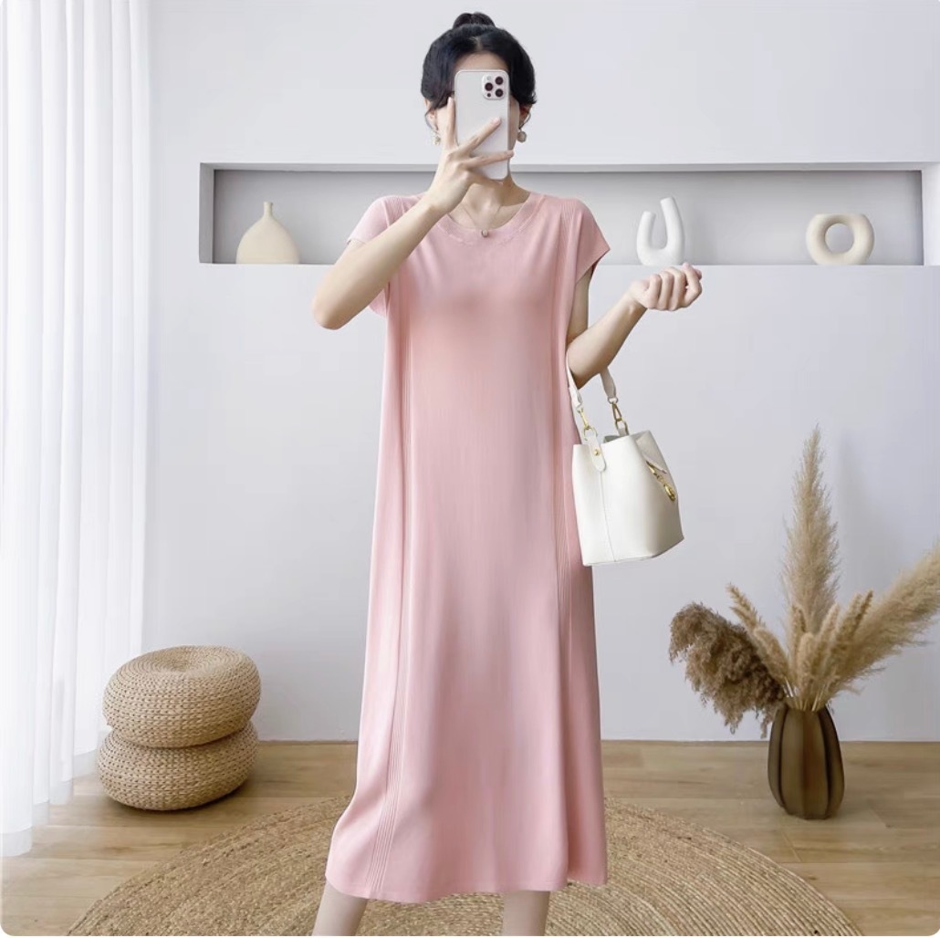 レディース ワンピース デート ワンピドレス ミモレ ミモレ丈 袖あり 半袖 ラウンドネック クルーネック スリム 細身 ストレート Iライン 伸縮性 かわいい 大人可愛い きれいめ シンプル