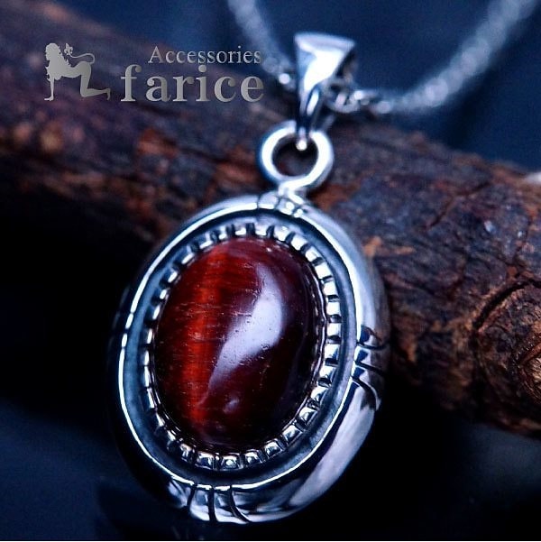 天然石 レッドタイガーアイ(赤虎眼石)装飾 石留め縄目調飾り彫りオーバル型プレート メンズ＆レディース インディアンジュエリー シルバー925 ペンダント ネックレス