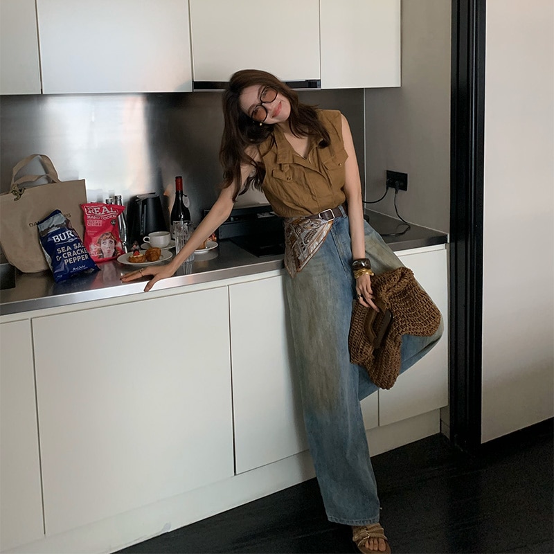 長いxierレトロファッショナブルなファッショナブルな古いデニムジーンズ夏の薄い怠zyなニッチハイエンドワイドレッグストレートパンツ